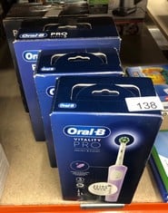 QUANTITY OF HEALTH & BEAUTY ITEMS TO INCLUDE ORAL-B VITALITY PRO ELECTRIC TOOTHBRUSHES FOR ADULTS, 1 HANDLE, 2 TOOTHBRUSH HEADS, 3 BRUSHING MODES INCLUDING SENSITIVE PLUS,  PURPLE: LOCATION - B