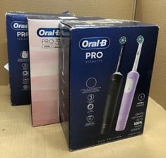 QUANTITY OF HEALTH & BEAUTY ITEMS TO INCLUDE ORAL-B VITALITY PRO 2X ELECTRIC TOOTHBRUSHES FOR ADULTS, 2 TOOTHBRUSH HEADS, 3 BRUSHING MODES INCLUDING SENSITIVE PLUS,  BLACK & PURPLE: LOCATION - B