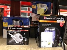 QUANTITY OF KITCHEN & APPLIANCES ITEMS TO INCLUDE RUSSELL HOBBS FOOD COLLECTION ELECTRIC HAND MIXER WITH 6 SPEEDS, EASY RELEASE BUTTON, FINGERTIP SPEED CONTROL, CHROME BEATERS, WRAP AROUND CORD STORA