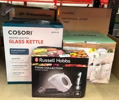 QUANTITY OF KITCHEN & APPLIANCES ITEMS TO INCLUDE RUSSELL HOBBS FOOD COLLECTION ELECTRIC HAND MIXER WITH 6 SPEEDS, EASY RELEASE BUTTON, FINGERTIP SPEED CONTROL, CHROME BEATERS, WRAP AROUND CORD STORA