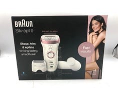 BRAUN SILK-?PIL 9 EPILATOR HAIR REMOVAL, INCLUDES FACIAL CLEANSING BRUSH HIGH FREQUENCY MASSAGE CAP SHAVER AND TRIMMER HEAD, CORDLESS, WET & DRY, 100% WATERPROOF,  9-880, WHITE/PINK.: LOCATION - TOP