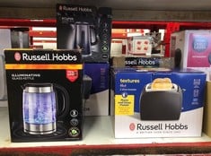 QUANTITY OF KITCHEN & APPLIANCES ITEMS TO INCLUDE RUSSELL HOBBS ILLUMINATING 1.7L ELECTRIC CORDLESS GLASS KETTLE WITH BLACK/BRUSHED STAINLESS STEEL ACCENTS (FAST BOIL 3KW, WASHABLE ANTI-SCALE FILTER,