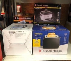 QUANTITY OF KITCHEN & APPLIANCES ITEMS TO INCLUDE RUSSELL HOBBS TEXTURES 2 SLICE TOASTER (EXTRA WIDE SLOTS, 6 BROWNING LEVELS, FROZEN, CANCEL & REHEAT FUNCTION WITH INDICATOR LIGHTS, REMOVABLE CRUMB