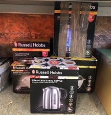 QUANTITY OF KITCHEN & APPLIANCES ITEMS TO INCLUDE RUSSELL HOBBS BRUSHED STAINLESS STEEL & BLACK ELECTRIC 1.7L CORDLESS KETTLE (FAST BOIL 3KW, REMOVABLE WASHABLE ANTI-SCALE FILTER, PUSH TO OPEN LID, P