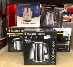 QUANTITY OF KITCHEN & APPLIANCES ITEMS TO INCLUDE RUSSELL HOBBS LUNA GREY STAINLESS STEEL 1.7L CORDLESS ELECTRIC KETTLE (QUIET & FAST BOIL 3KW, REMOVABLE WASHABLE ANTI-SCALE FILTER, EASY PUSH BUTTON