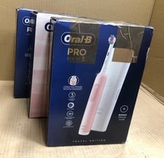 QUANTITY OF HEALTH & BEAUTY ITEMS TO INCLUDE ORAL-B PRO 3 ELECTRIC TOOTHBRUSHES FOR ADULTS, 1 3D WHITE TOOTHBRUSH HEAD & TRAVEL CASE, 3 MODES WITH TEETH WHITENING, 3500, PINK: LOCATION - E