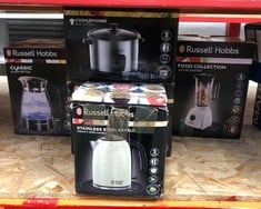 QUANTITY OF KITCHEN & APPLIANCES ITEMS TO INCLUDE RUSSELL HOBBS CREAM STAINLESS STEEL 1.7L CORDLESS ELECTRIC KETTLE WITH BLACK HANDLE (FAST BOIL 3KW, REMOVABLE WASHABLE ANTI-SCALE FILTER, PULL TO OPE