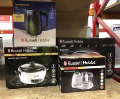 QUANTITY OF KITCHEN & APPLIANCES ITEMS TO INCLUDE RUSSELL HOBBS HONEYCOMB ELECTRIC 1.7L CORDLESS KETTLE (FAST BOIL 3KW, BLACK PREMIUM PLASTIC, MATT & HIGH GLOSS FINISH, REMOVABLE WASHABLE ANTI-SCALE