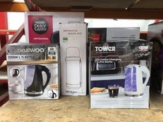 QUANTITY OF KITCHEN & APPLIANCES ITEMS TO INCLUDE TOWER T10012 LED COLOUR CHANGING KETTLE, 2200W, BLACK: LOCATION - E