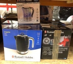 QUANTITY OF KITCHEN & APPLIANCES ITEMS TO INCLUDE RUSSELL HOBBS INSPIRE ELECTRIC 1.7L CORDLESS KETTLE (FAST BOIL 3KW, BLACK PREMIUM TEXTURED PLASTIC, HIGH GLOSS FINISH, REMOVABLE WASHABLE ANTI-SCALE