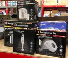 QUANTITY OF KITCHEN & APPLIANCES ITEMS TO INCLUDE RUSSELL HOBBS ELECTRIC 0.85L TRAVEL KETTLE, SMALL & COMPACT, DUAL VOLTAGE, IDEAL FOR ABROAD/CARAVAN/CAMPING, INC 2 CUPS & SPOONS, REMOVABLE WASHABLE