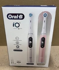 ORAL-B IO6 2X ELECTRIC TOOTHBRUSHES FOR ADULTS, 2 HANDLES, 2 TOOTHBRUSH HEADS, 5 MODES WITH TEETH WHITENING, WHITE AND PINK.: LOCATION - G