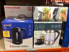 QUANTITY OF KITCHEN & APPLIANCES ITEMS TO INCLUDE RUSSELL HOBBS TEXTURES ELECTRIC 1.7L CORDLESS KETTLE (FAST BOIL 3KW, BLACK PREMIUM PLASTIC, MATT & HIGH GLOSS FINISH, REMOVABLE WASHABLE ANTI-SCALE F