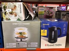 QUANTITY OF KITCHEN & APPLIANCES ITEMS TO INCLUDE RUSSELL HOBBS TEXTURES ELECTRIC 1.7L CORDLESS KETTLE (FAST BOIL 3KW, BLACK PREMIUM PLASTIC, MATT & HIGH GLOSS FINISH, REMOVABLE WASHABLE ANTI-SCALE F