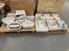 2 X PALLETS OF ASSORTED SINK ITEMS TO INCLUDE TWYFORD BATHROOMS E200 HAND RINSE WASH BASIN 450 X 340MM 1 TAP HOLE WHITE (KERBSIDE PALLET DELIVERY)