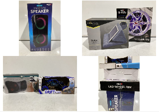 QTY OF ITEMS TO INCLUDE PARTY BOX SPEAKER, LED WHEEL RIM CLOCK