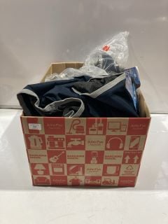 BOX OF ITEMS TO INCLUDE BLUE/GREY HORSE BLANKET