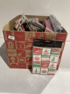 BOX OF CHRISTMAS ITEMS TO INCLUDE CARD MAKING KITS LABELS AND GIFT BAGS