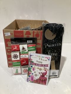 BOX OF CHRISTMAS ITEMS TO INCLUDE CARD MAKING KITS LABELS AND GIFT BAGS