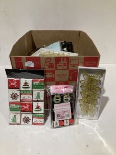 BOX OF CHRISTMAS ITEMS TO INCLUDE CARD MAKING KITS LABELS AND GIFT BAGS