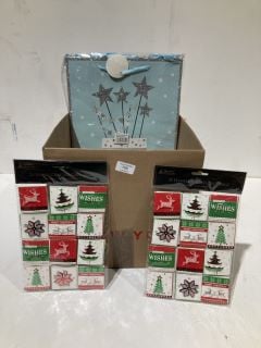 BOX OF CHRISTMAS ITEMS TO INCLUDE CARD MAKING KITS LABELS AND GIFT BAGS