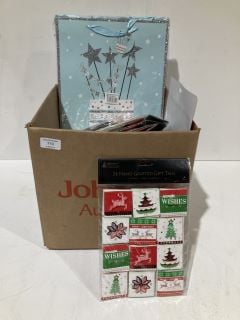 BOX OF CHRISTMAS ITEMS TO INCLUDE CARD MAKING KITS LABELS AND GIFT BAGS