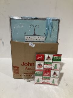 BOX OF CHRISTMAS ITEMS TO INCLUDE CARD MAKING KITS LABELS AND GIFT BAGS