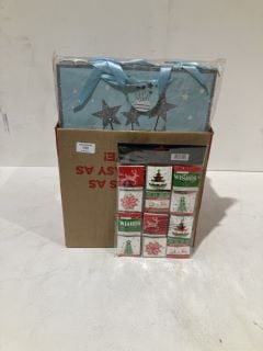 BOX OF CHRISTMAS ITEMS TO INCLUDE CARD MAKING KITS LABELS AND GIFT BAGS