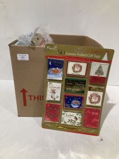 BOX OF CHRISTMAS ITEMS TO INCLUDE CARD MAKING KITS LABELS AND GIFT BAGS