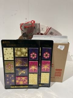 BOX OF CHRISTMAS ITEMS TO INCLUDE CARD MAKING KITS LABELS AND GIFT BAGS