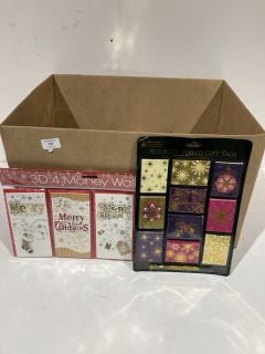 BOX OF CHRISTMAS ITEMS TO INCLUDE CARD MAKING KITS LABELS AND GIFT BAGS