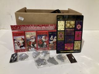 BOX OF CHRISTMAS ITEMS TO INCLUDE CARD MAKING KITS LABELS AND GIFT BAGS