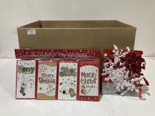 BOX OF CHRISTMAS ITEMS TO INCLUDE CARD MAKING KITS LABELS AND GIFT BAGS