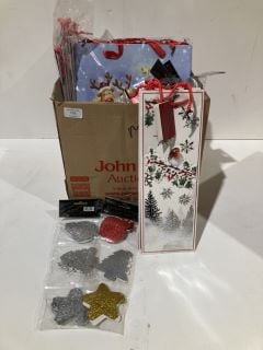 BOX OF CHRISTMAS ITEMS TO INCLUDE CARD MAKING KITS LABELS AND GIFT BAGS