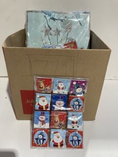 BOX OF CHRISTMAS ITEMS TO INCLUDE CARD MAKING KITS LABELS AND GIFT BAGS