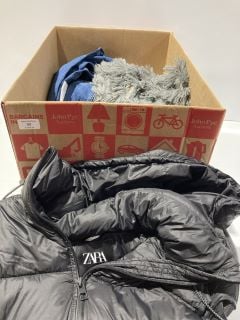 BOX OF CLOTHING ITEMS TO INCLUDE ZARA BLACK BODY WARMER SIZE 2XL