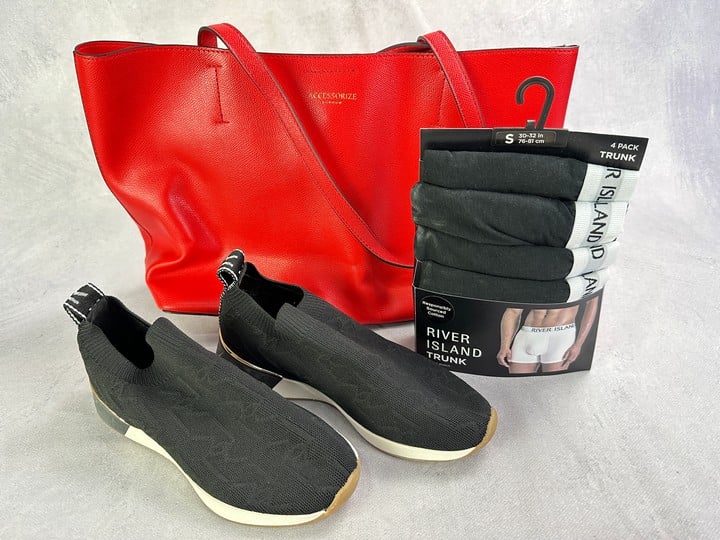 River Island Sneakers Size 4/377, River Island Trunks 4 Pack Size S And Accessorize Bag With Tag (VAT ONLY PAYABLE ON BUYERS PREMIUM) (BAAP309/334/365)