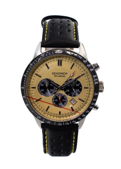 Sekonda Sports Velocity Chronograph Quartz Watch, Model: 1395 CPT Yellow Dial Black Leather Strap. Brief Condition Report: Ex Display (Currently Running) (VAT Only Payable on Buyers Premium)