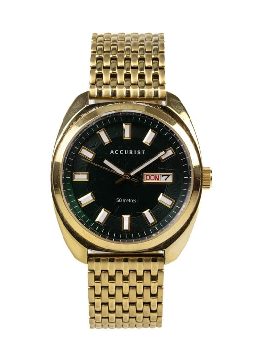 Accurist Quartz Watch, Model: CAL.2305, Black Dial Gold Plated Stainless Steel Case and Bracelet. Brief Condition Report: Scratched Crystal (Not Currently Running) (VAT Only Payable on Buyers Premium