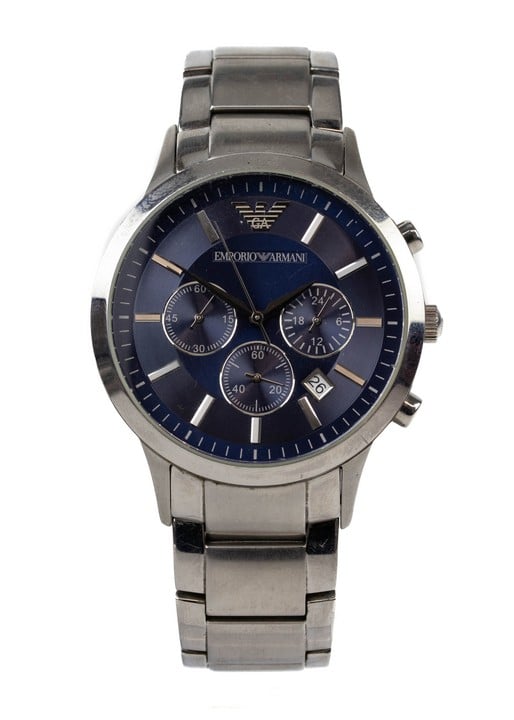 Emporio Armani Quartz Chronograph Watch, Model: AR2448, Blue Dial Stainless Steel Bracelet. Brief Condition Report: Signs of Wear, Chipped Crystal (Not Currently Running) (VAT Only Payable on Buyers