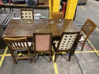 DARK VARNISHED DINING TABLE L160 X W70 X H75CM TO INCLUDE 6 X ASSORTED DESIGN PADDED DINING CHAIRS