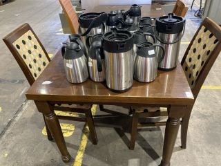 DARK VARNISHED DINING TABLE TO INCLUDE TWO SPOTTED DESIGN PADDED DINING CHAIRS