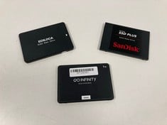 VARIOUS BRANDS 3 X LAPTOP HARD DRIVES IN BLACK. (INCLUDES 3 SSD HARD DRIVES WITHOUT CASE, DIFFERENT CAPACITIES: 1TB, 240GB AND 128GB) [JPTZ8203]