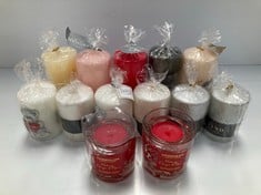 13 X ASSORTED CANDLES VARIOUS MODELS INCLUDING RED STONEGLOW CANDLE - LOCATION 43A.