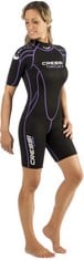 CRESSI TORTUGA LADY SHORTY WETSUIT WOMEN'S 2.5MM TWO-PIECE NEOPRENE HOODLESS MONOSHORT WETSUIT, WOMEN'S, BLACK/LILAC, M - LOCATION 49B.