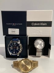 3 X WATCHES VARIOUS MAKES AND MODELS INCLUDING CALVIN KLEIN WATCH MODEL 51.01.2968 (CALVIN KLEIN GOLD WATCH GOES WITHOUT BOX) - LOCATION 6B.