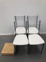 ASSORTMENT OF HOUSEHOLD ITEMS INCLUDING 4 WHITE CHAIRS AND 4 WOODEN AND STRAW SEAT REPLACEMENTS.