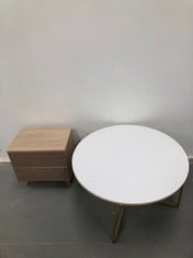 2 X HOUSEHOLD ITEMS INCLUDING ROUND WHITE COFFEE TABLE (DAMAGED PIECE OF FURNITURE).