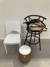 4 X HOUSEHOLD ITEMS INCLUDING KARE DESIGN BEAM-MARBLE SIDE TABLE, BRASS, WHITE, 35X32X32CM, (DIRTY WHITE CHAIR AND INCOMPLETE STOOL).