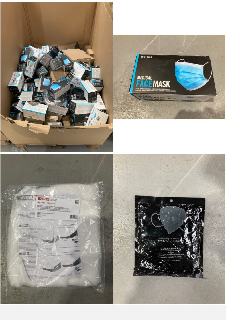 PALLET OF ASSORTED ITEMS INCLUDING BLUE MEDICAL MASK.